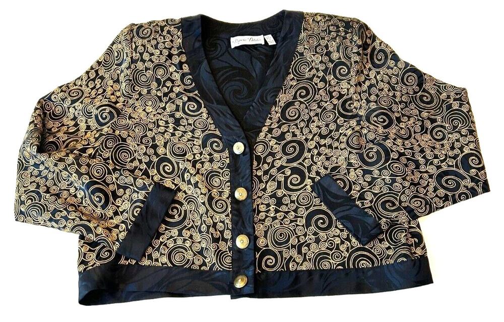 Papell Petites 100% Silk Jacket Women's Sz 8 Black/Gold  Padded Retro Y2K VTG